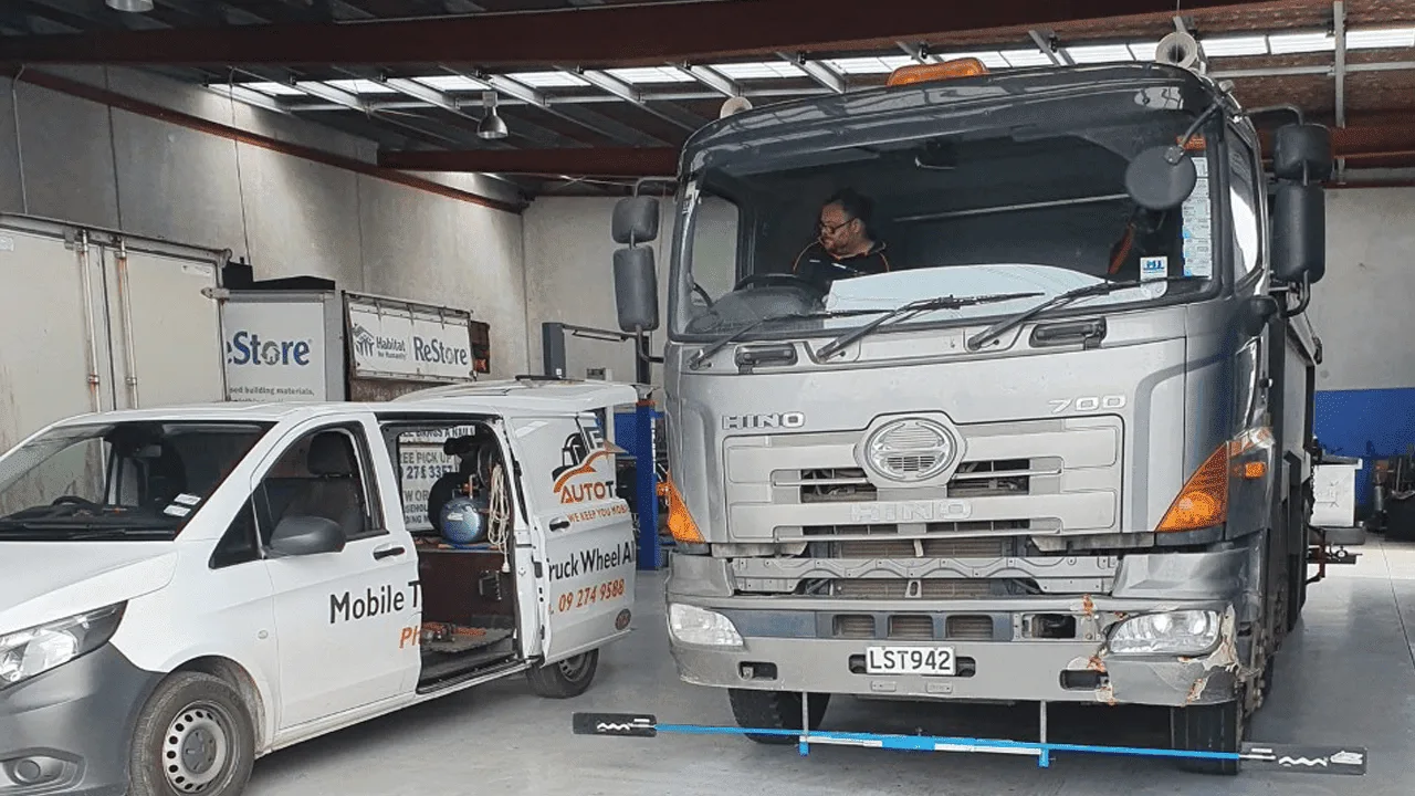 Hino truck positioned in the AutoTreads alignment bay